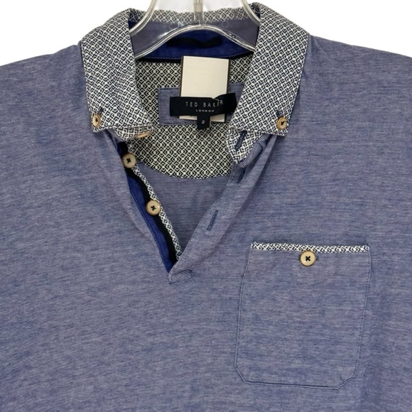 TED BAKER - Men’s Polo - Blue with Patterned Collar - Size 2 (Small) - Picture 3 of 6